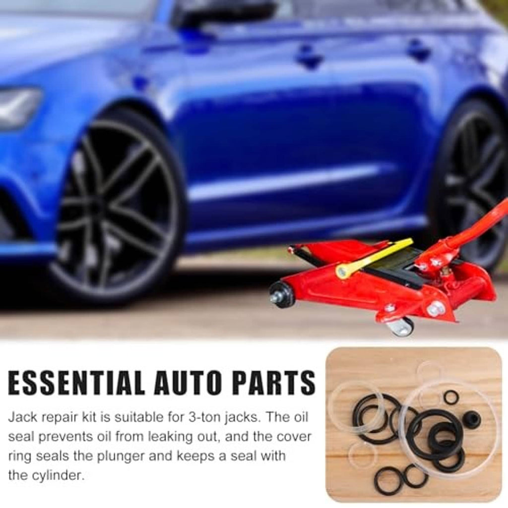 Auto jack oil seal repair kit with red hydraulic jack and assorted seal rings