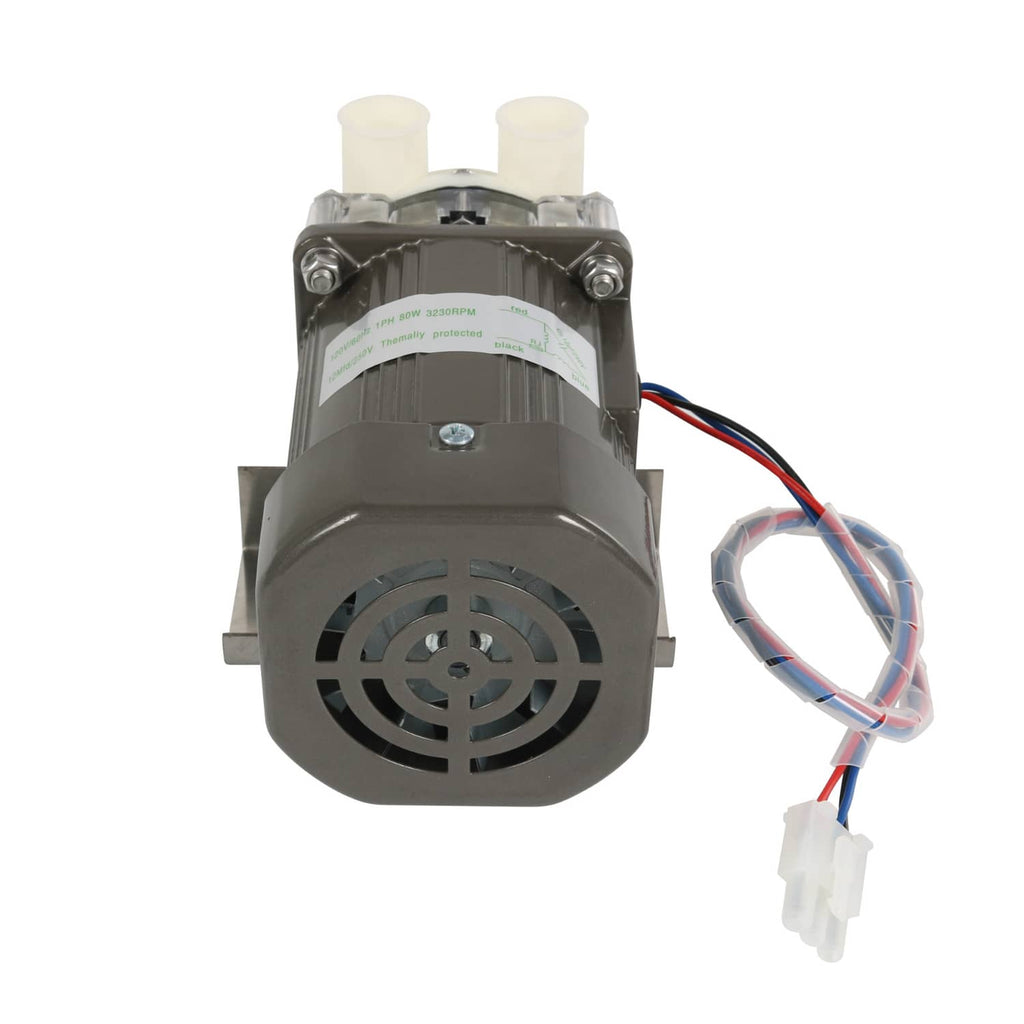 Ice machine water pump motor assembly rear view with black fan grille and connector