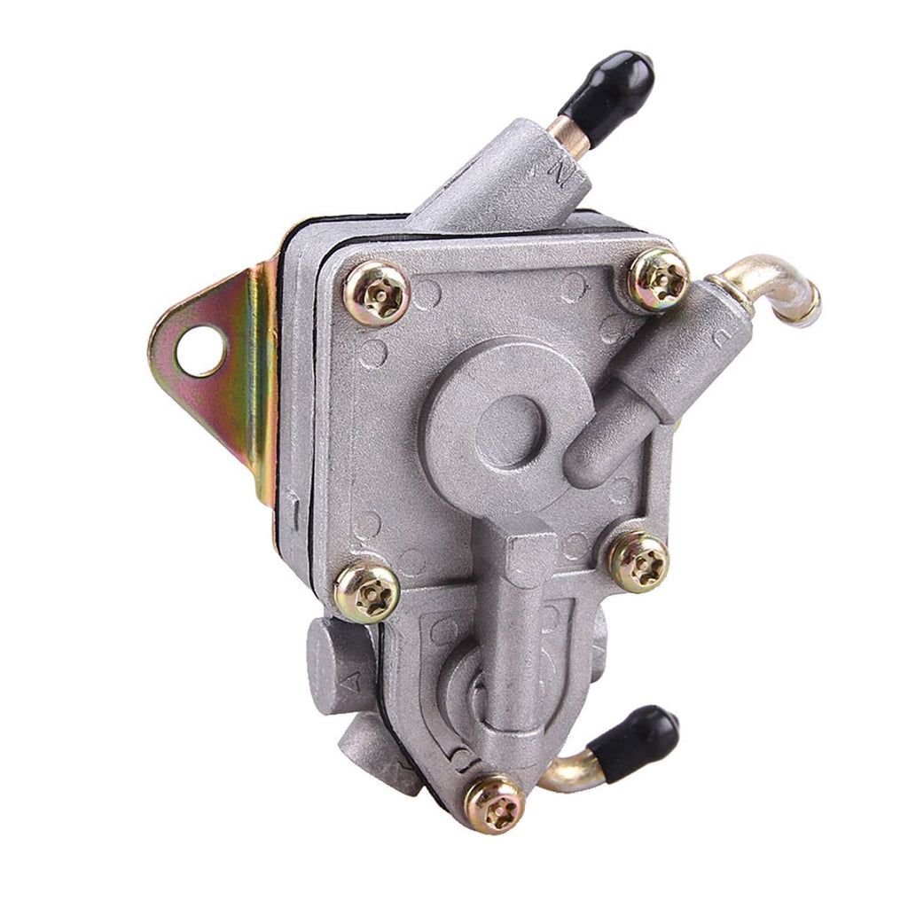 Fuel pump assembly angled view with silver housing, black caps, and curved metal fittings