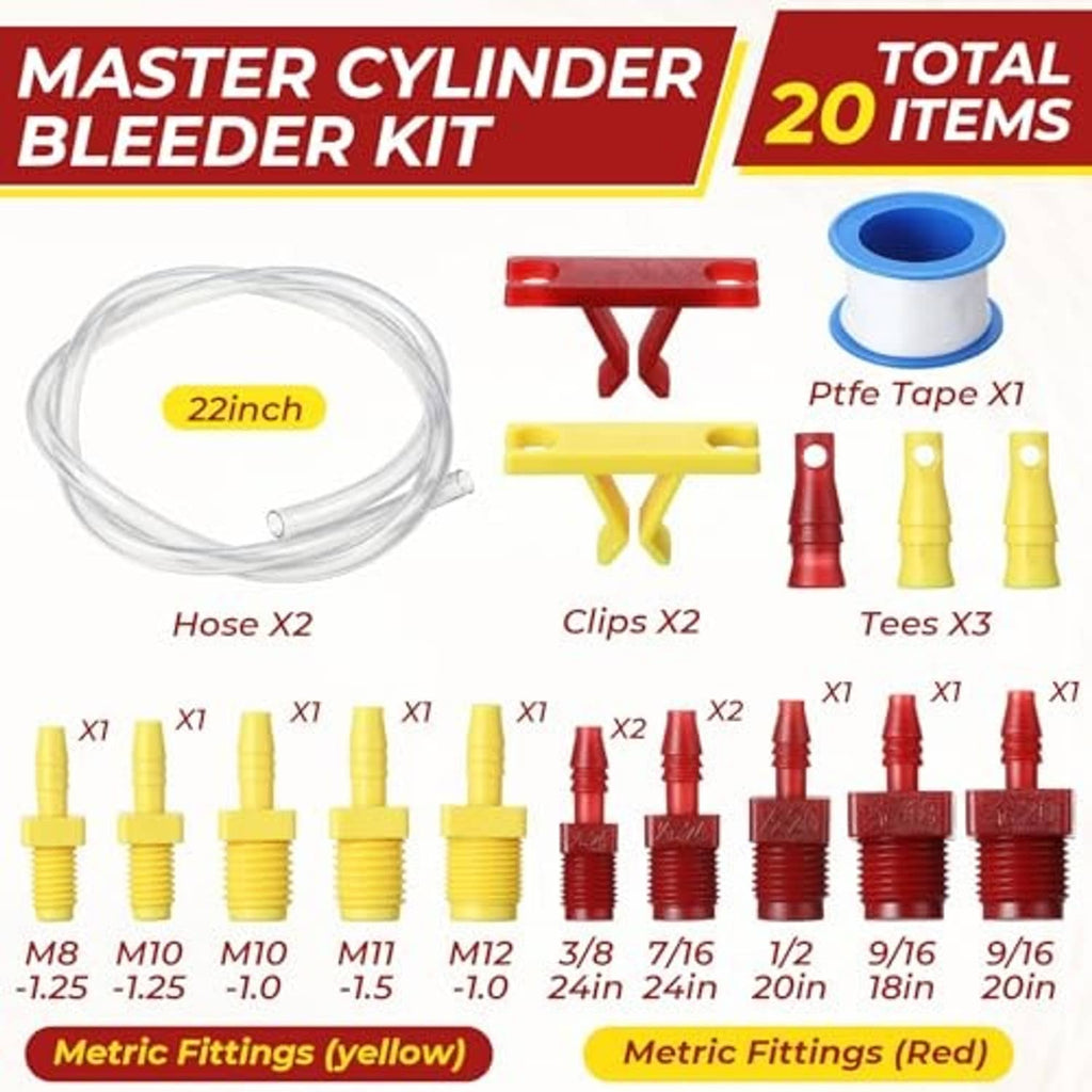 Master cylinder bleeder kit layout with 22 in clear hose, clips, tees, PTFE tape, and adapters