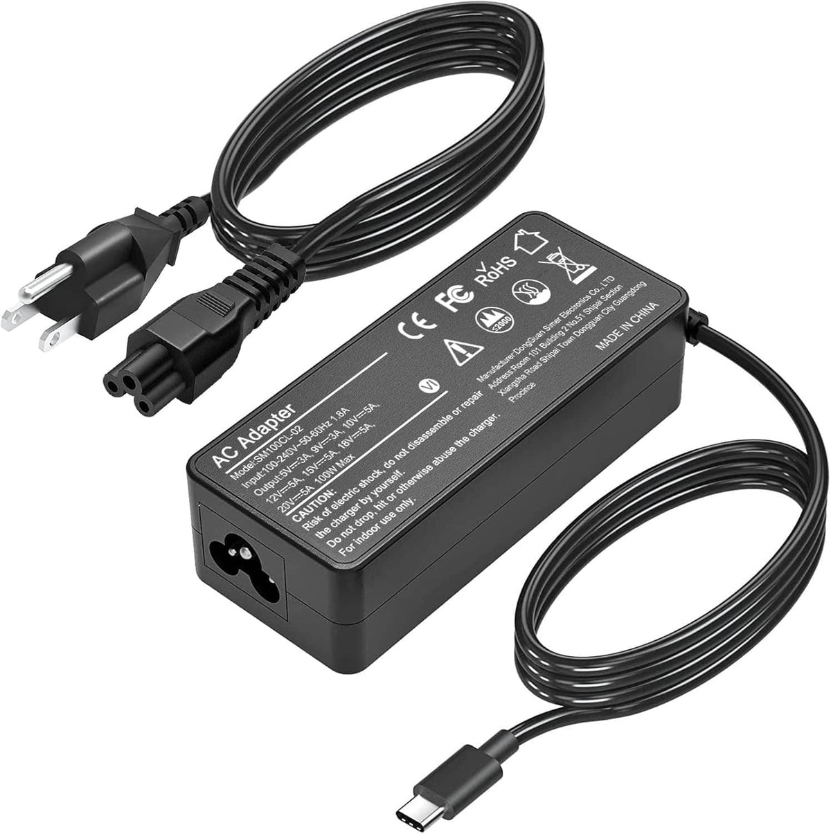 Black 100W USB-C power adapter with AC plug and USB-C cable