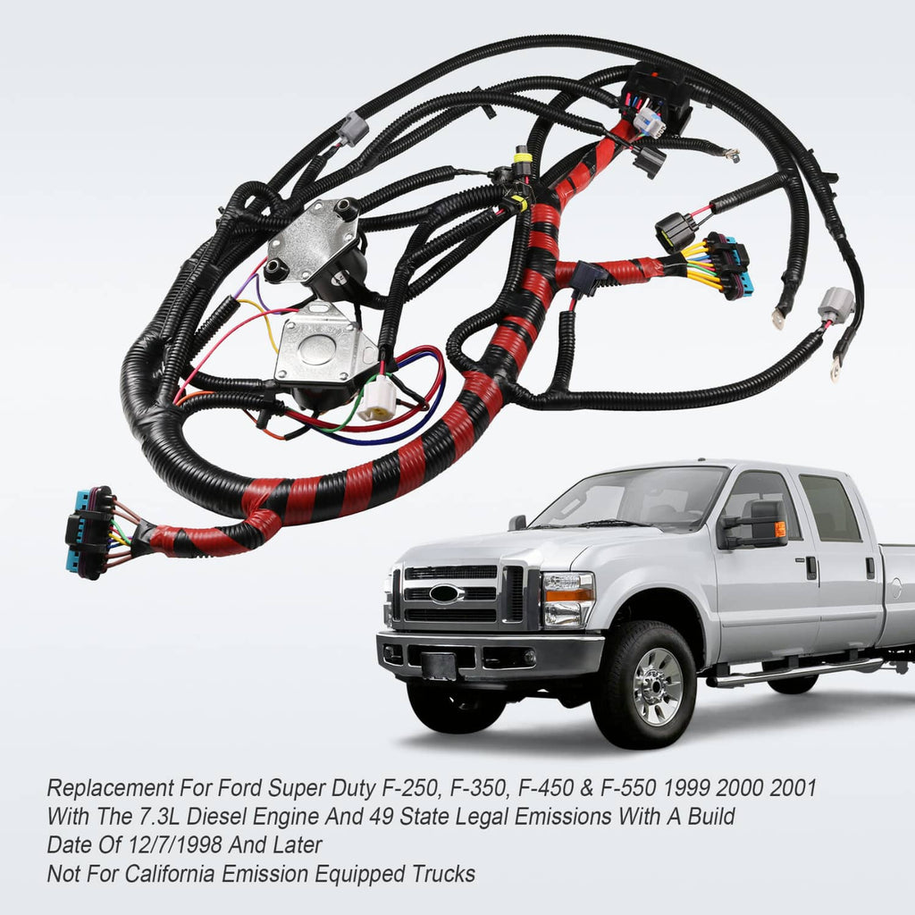 Engine wiring harness kit with black loomed wiring, red-striped cable section, sensor connectors