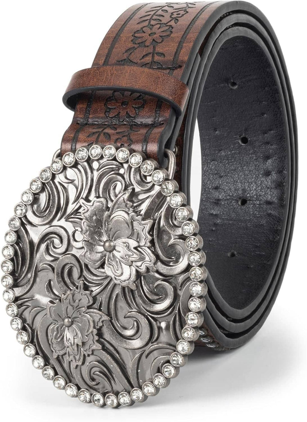 Brown leather belt with ornate silver floral buckle and rhinestone edge studs, side close-up