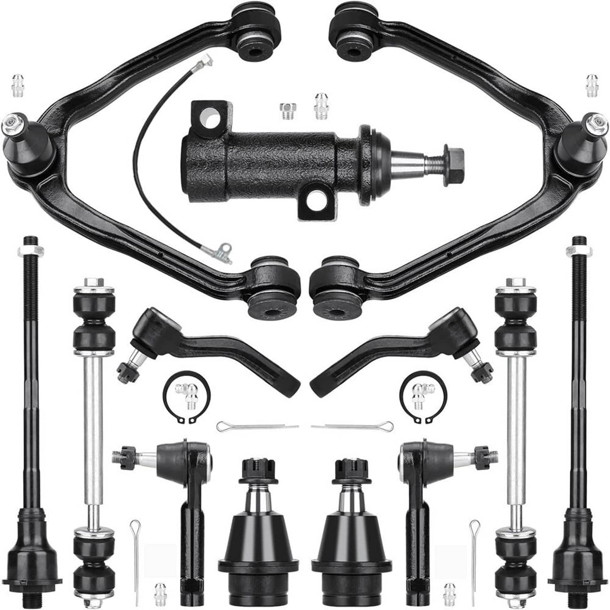 Suspension control arm, ball joint, and tie rod end parts set with black components