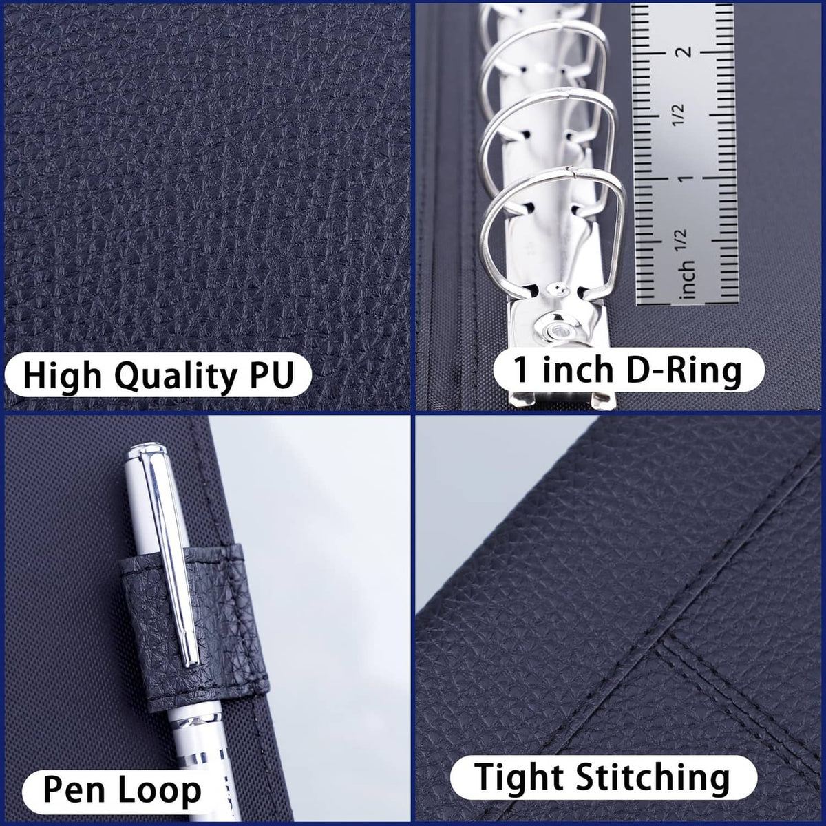Dark textured PU checkbook binder with 1-inch D-rings, pen loop, tight stitching