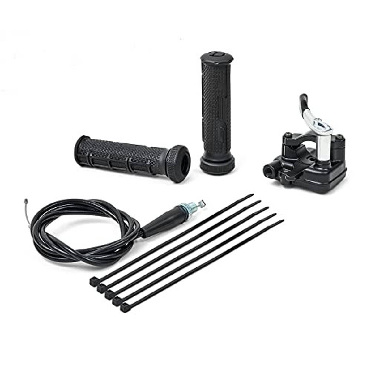 Thumb throttle cable accelerator handle kit with textured grips, cable, and lever assembly
