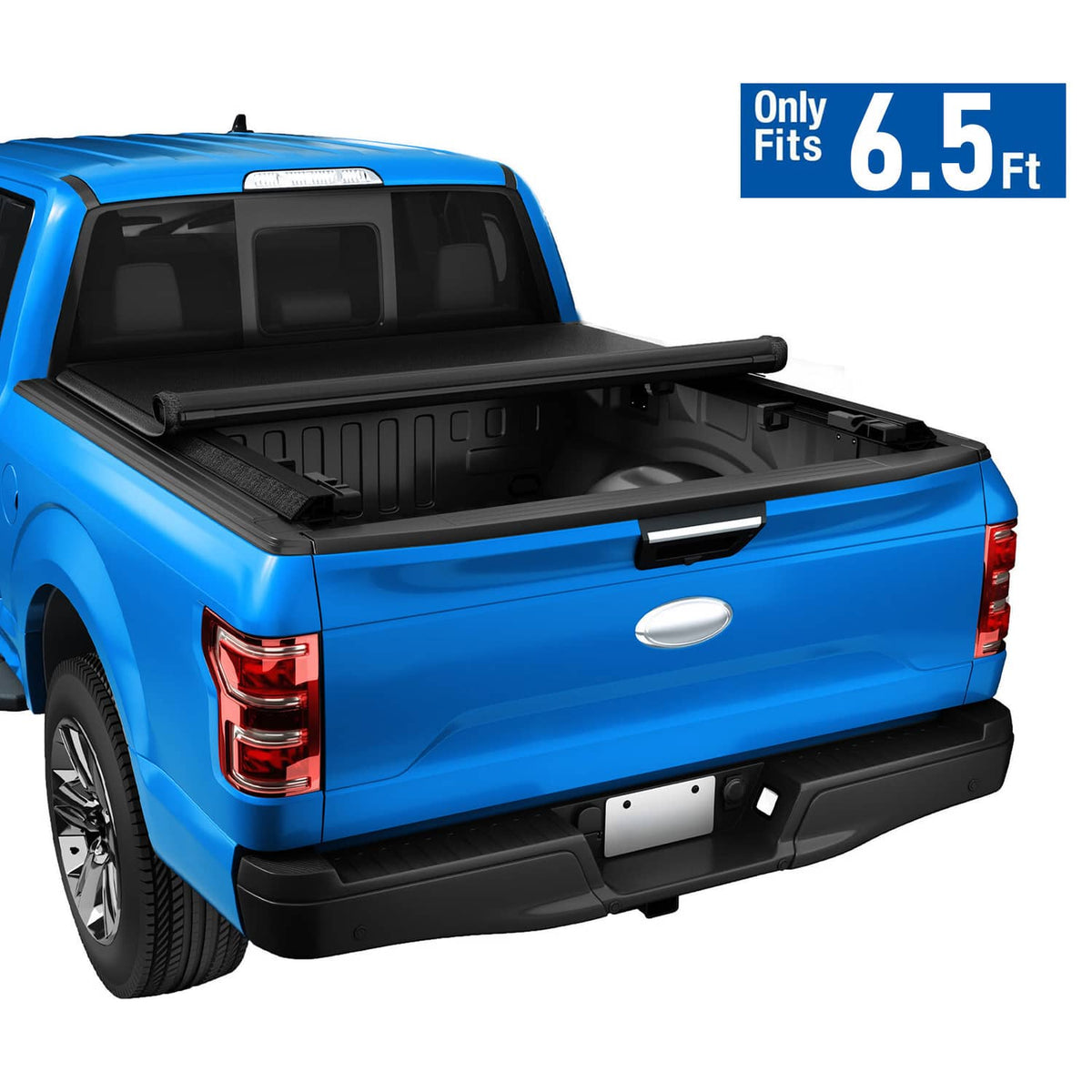 Black soft roll-up vinyl tonneau cover over pickup truck bed, closed