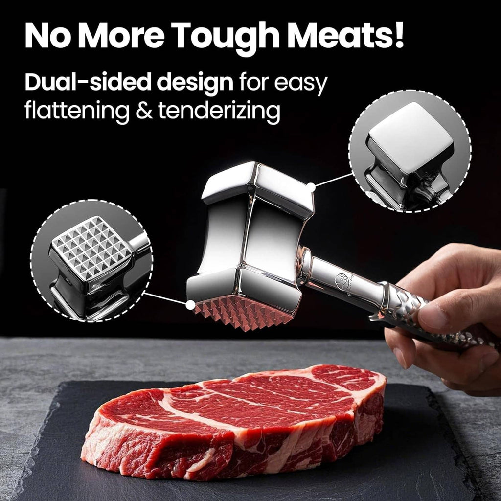 Dual-sided stainless meat tenderizer mallet for flattening and tenderizing meat