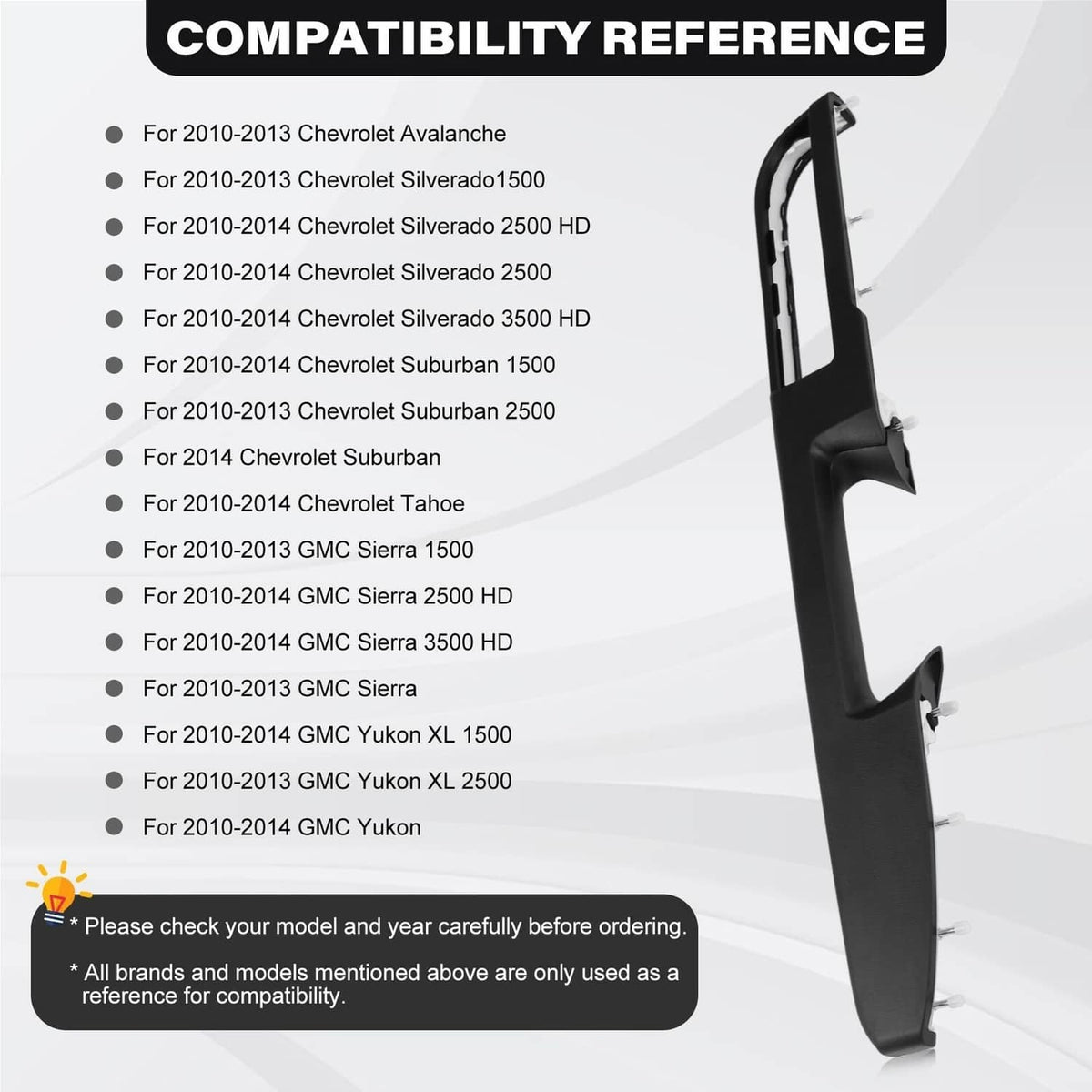 Black right door panel armrest handle repair trim shown with compatibility reference panel