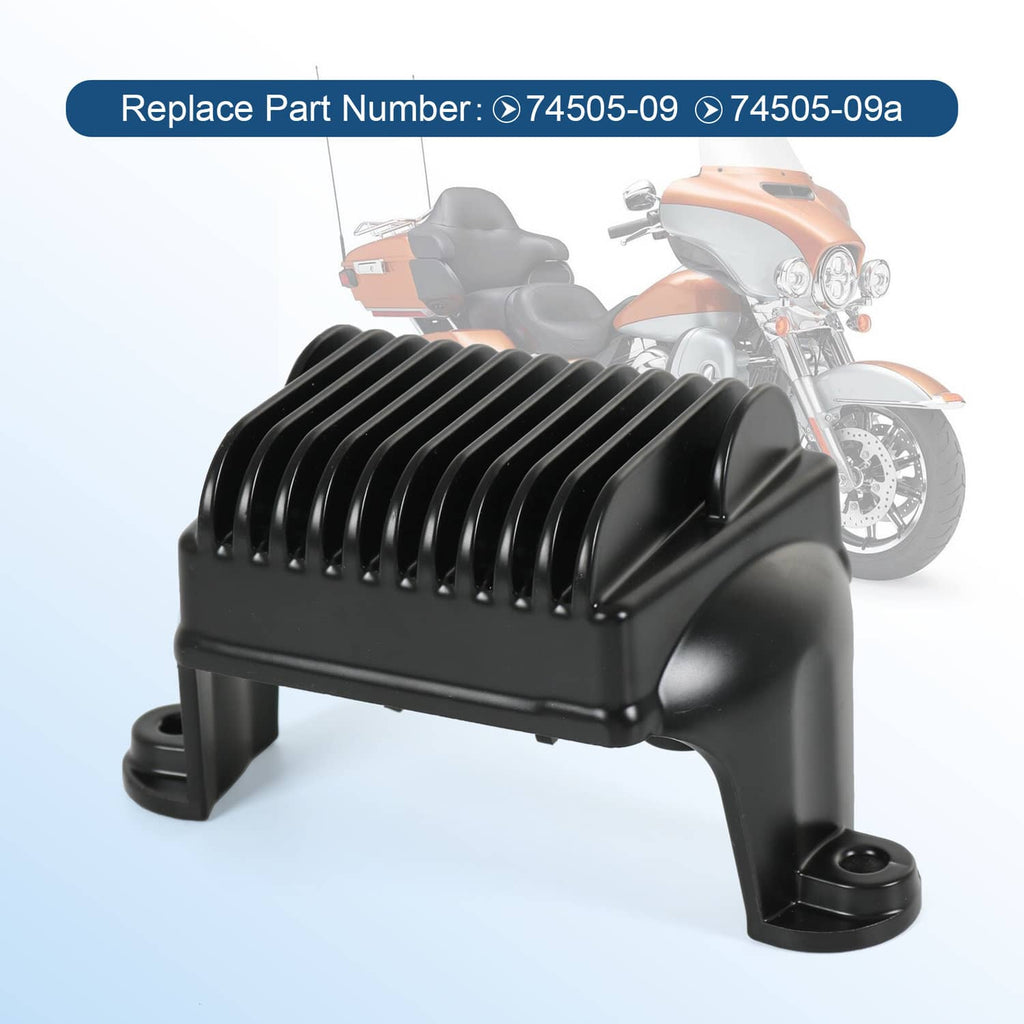 Black voltage regulator rectifier with cooling fins and two bottom mounting feet