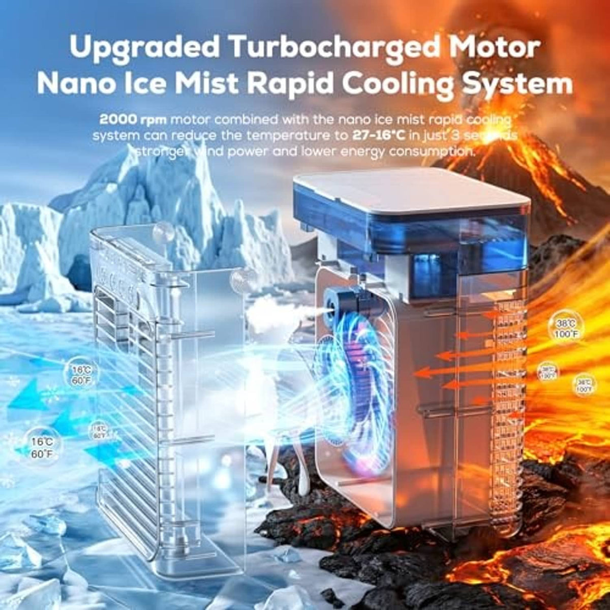 Portable evaporative air cooler with blue top mist area and front grille.