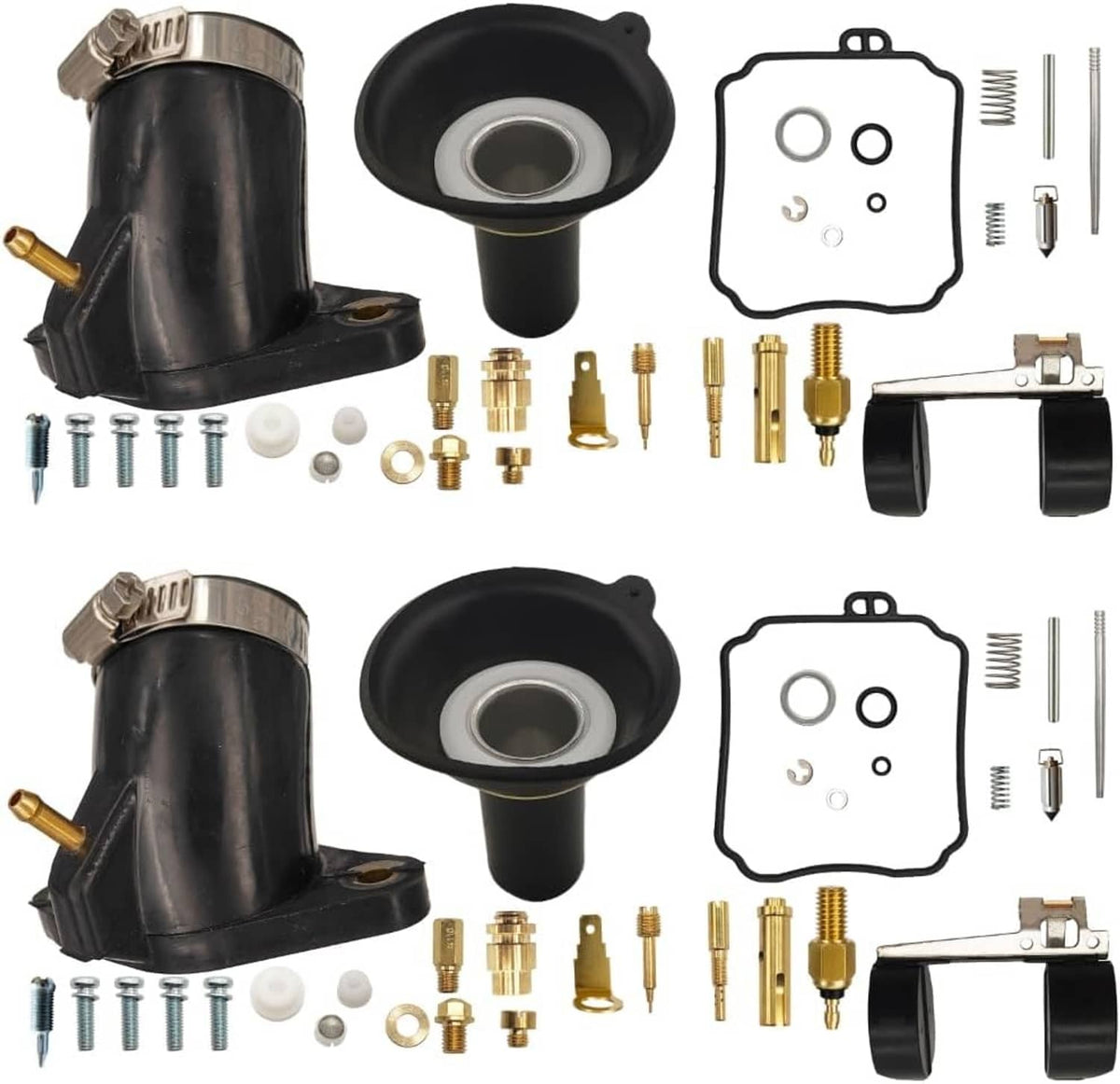 Carburetor rebuild kit components: rubber boots, gaskets, brass jets, screws, pins