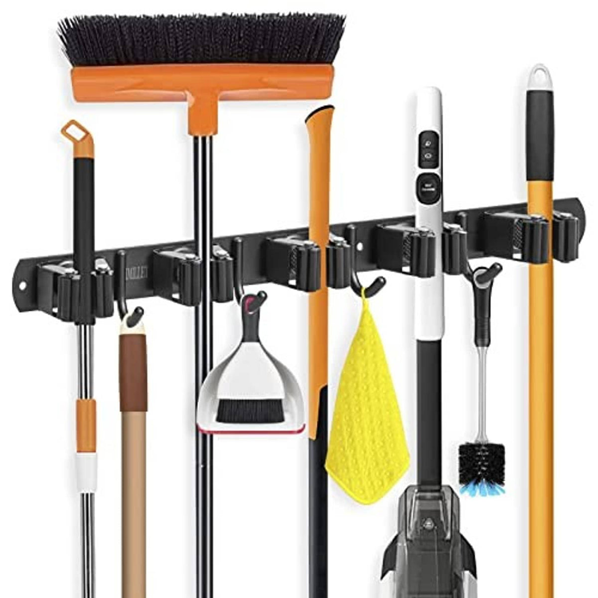 Broom storage wall holder set with 5 vertical racks and multiple curved hooks