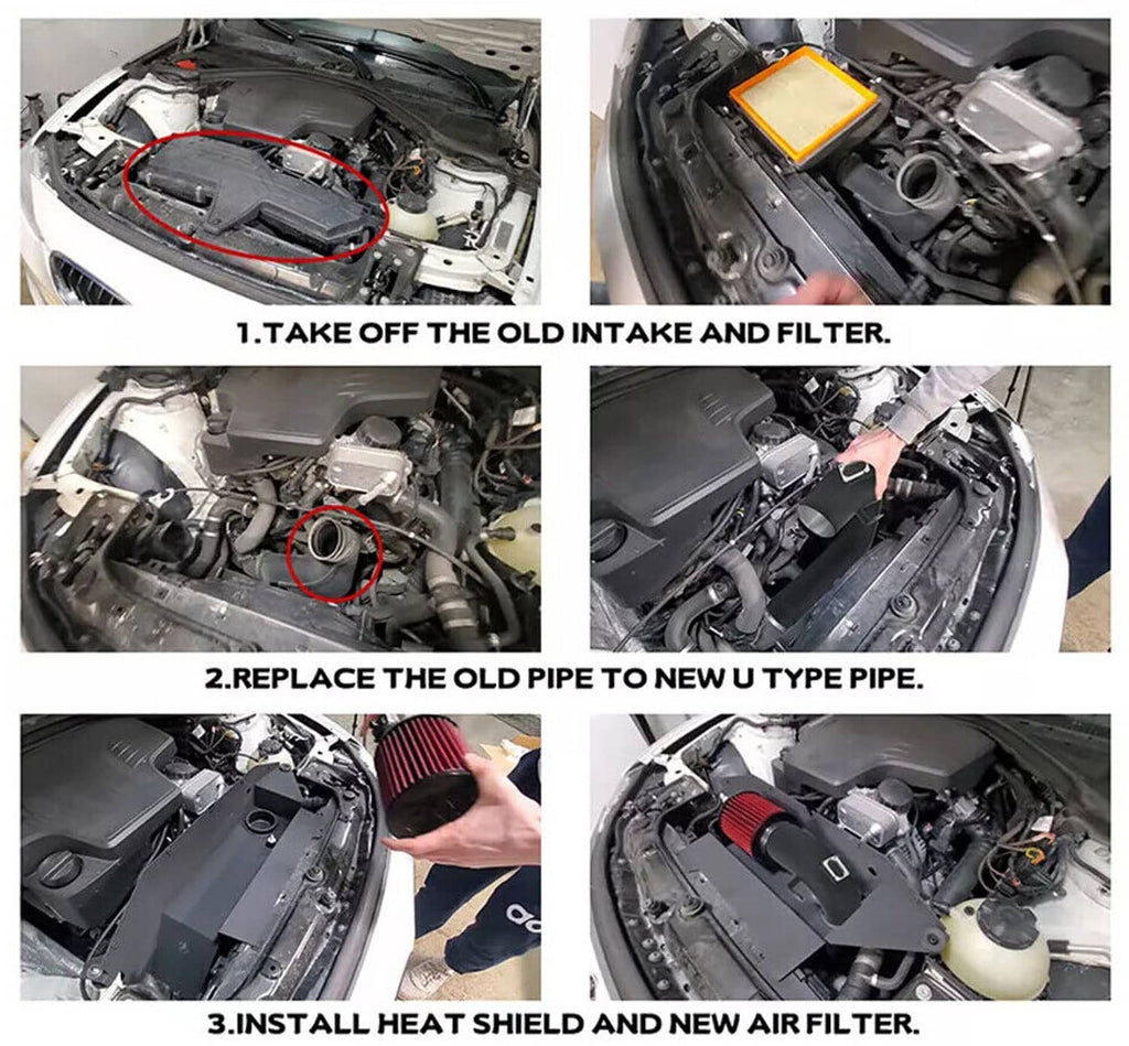 Cold air intake installation step photos showing intake cover removal and filter installation