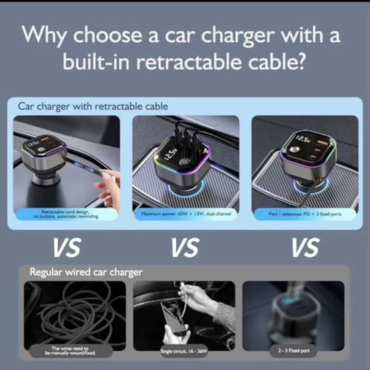 Retractable USB-C car charger with built-in retractable cable and USB ports