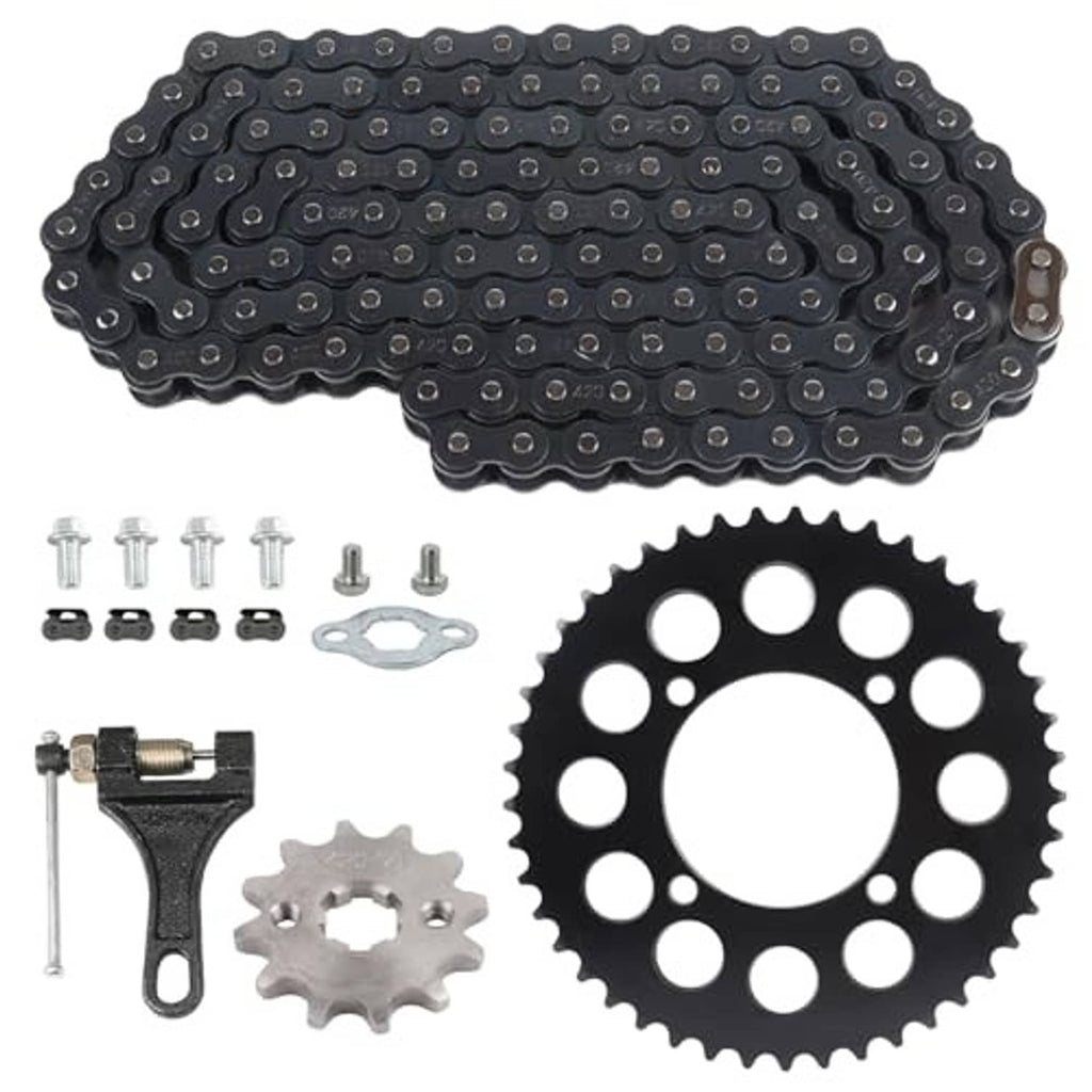 Black roller drive chain with rear sprocket gear, screws, and small mounting parts