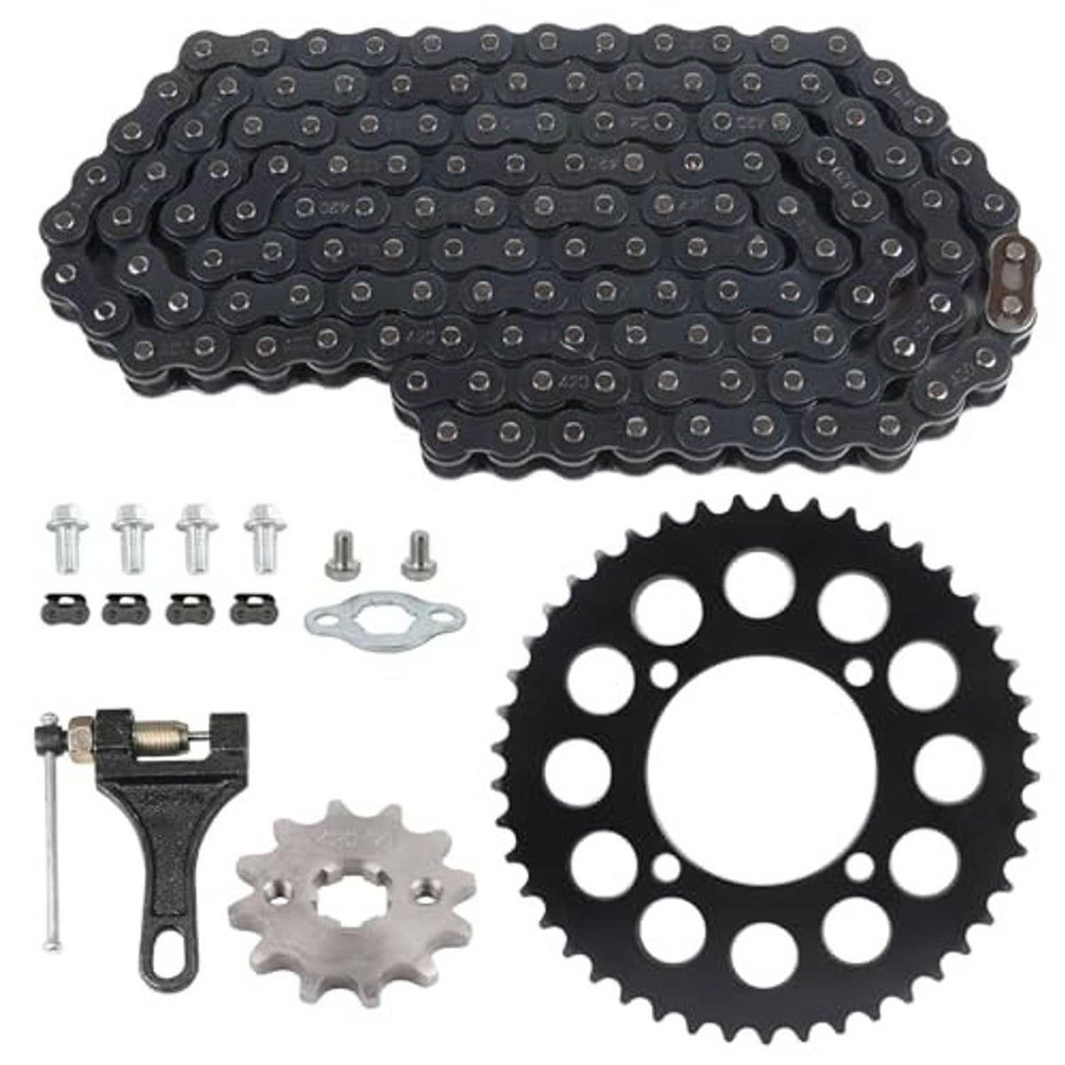 Black roller drive chain with rear sprocket gear, screws, and small mounting parts
