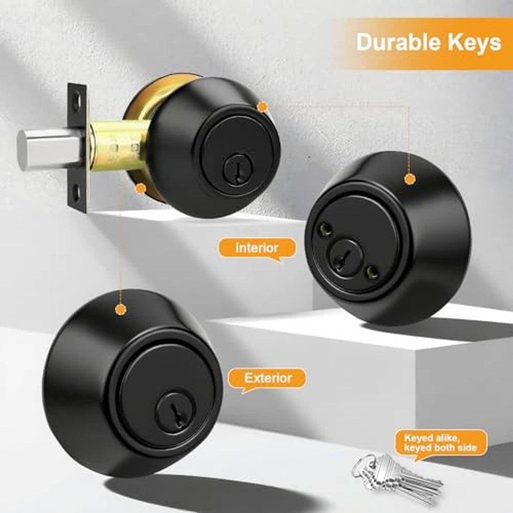 Black round double cylinder deadbolt with gold cylinder and matching keys