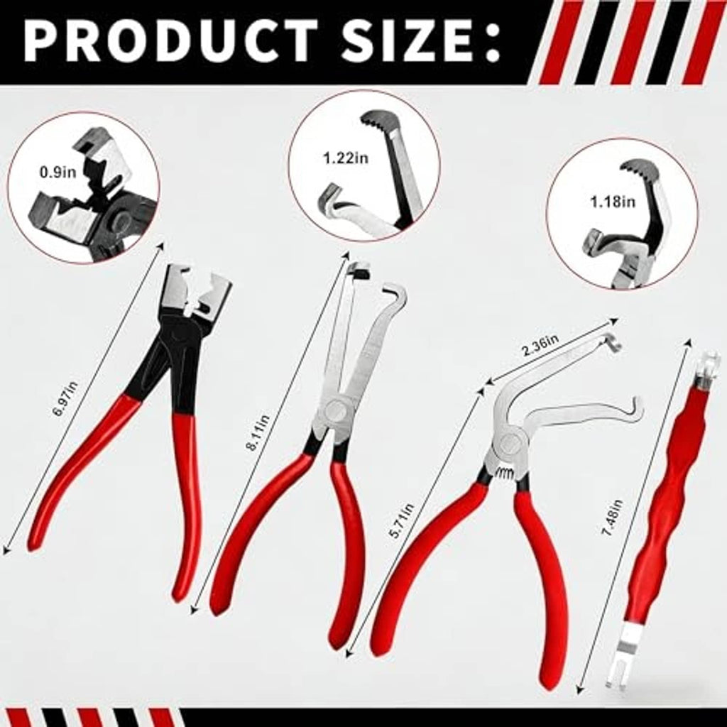 Electrical disconnect pliers kit with red handles, shown with size measurement diagram