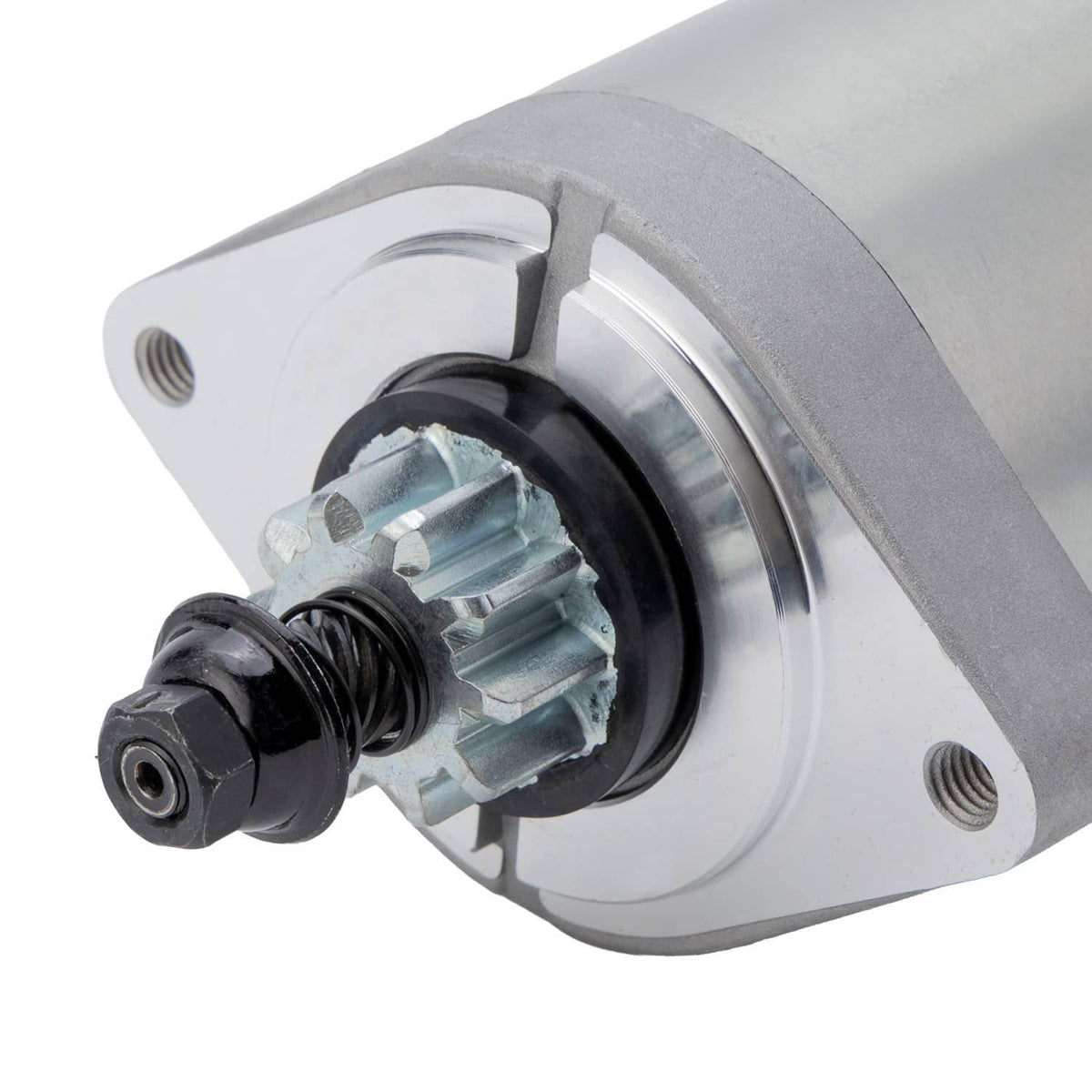 Starter motor with silver body and black gear-side end, showing internal mechanism