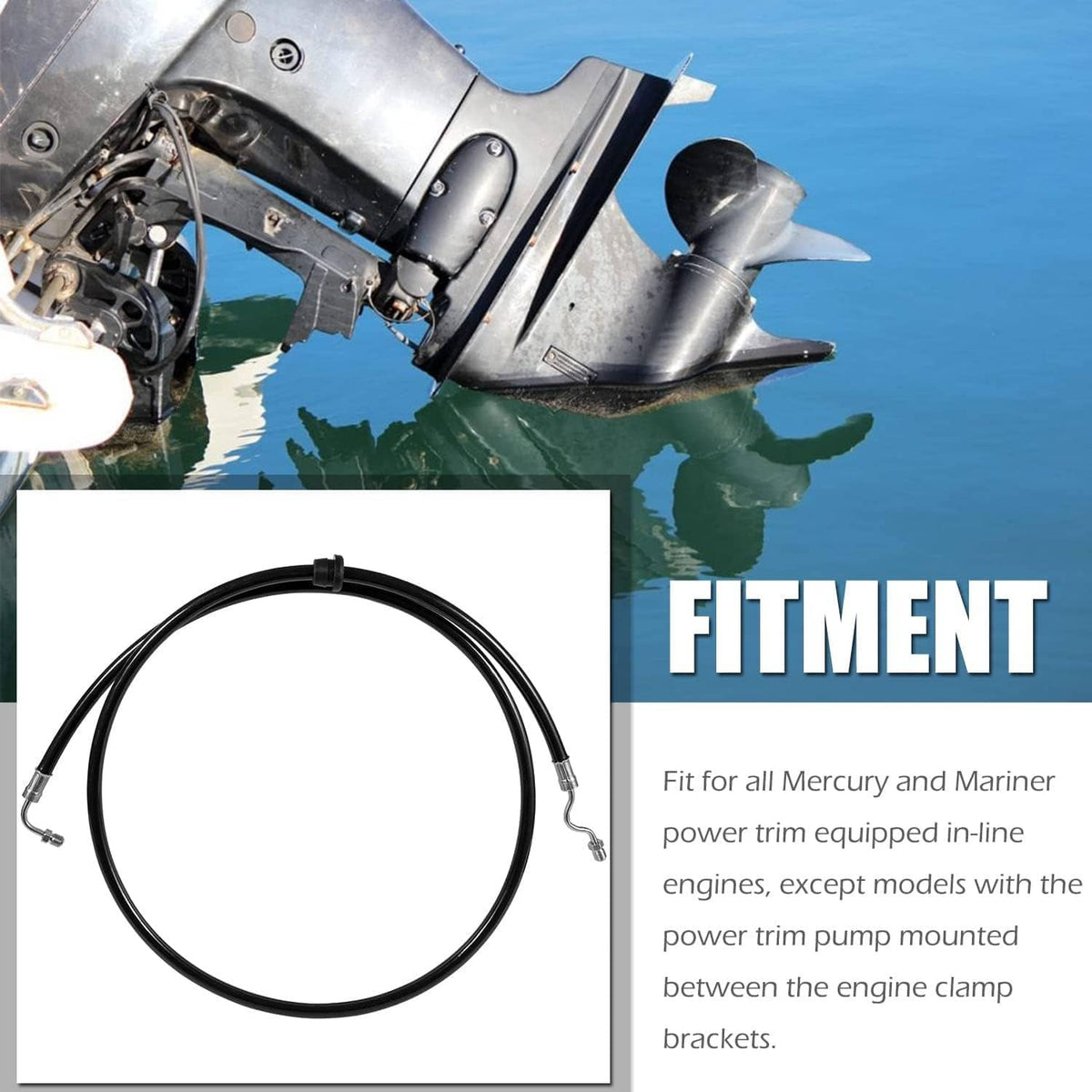 Black power trim hose loop with crimped metal connectors for marine outboard use