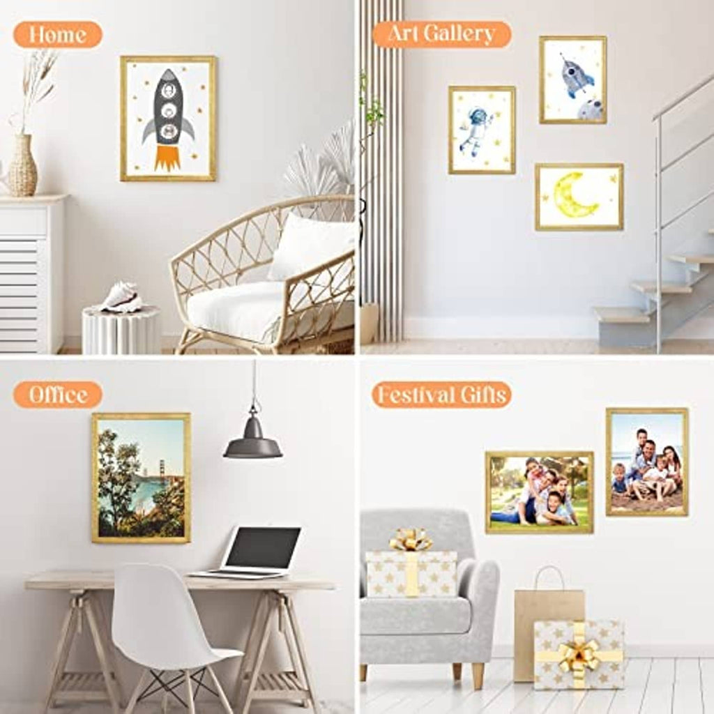 Set of small gold wood picture frames displayed on a wall for photos or art