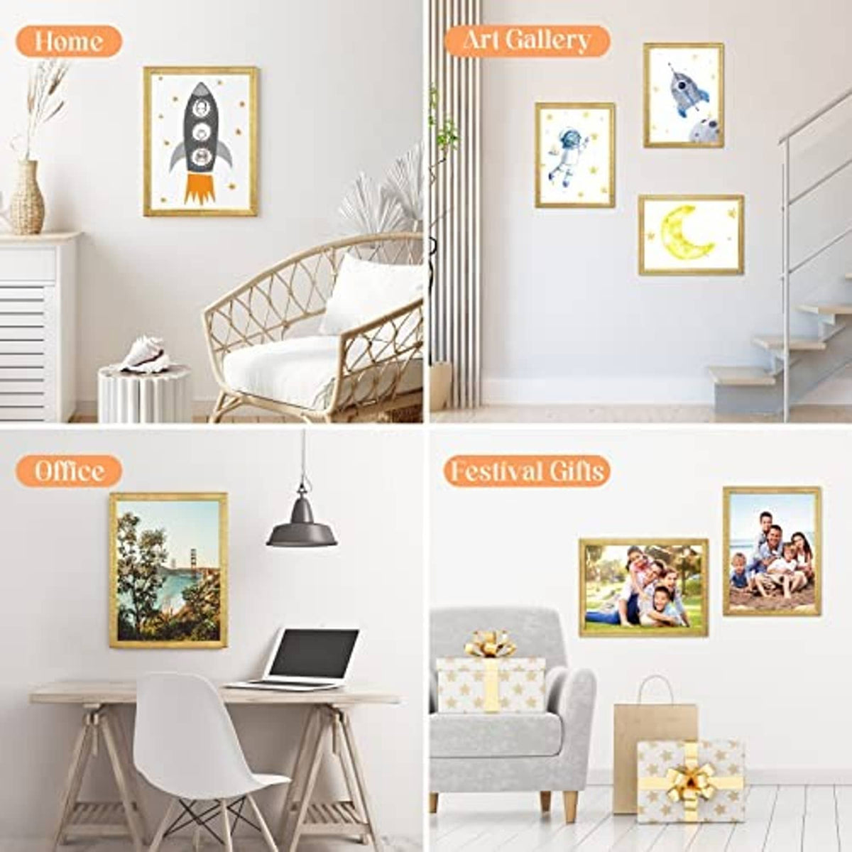 Set of small gold wood picture frames displayed on a wall for photos or art