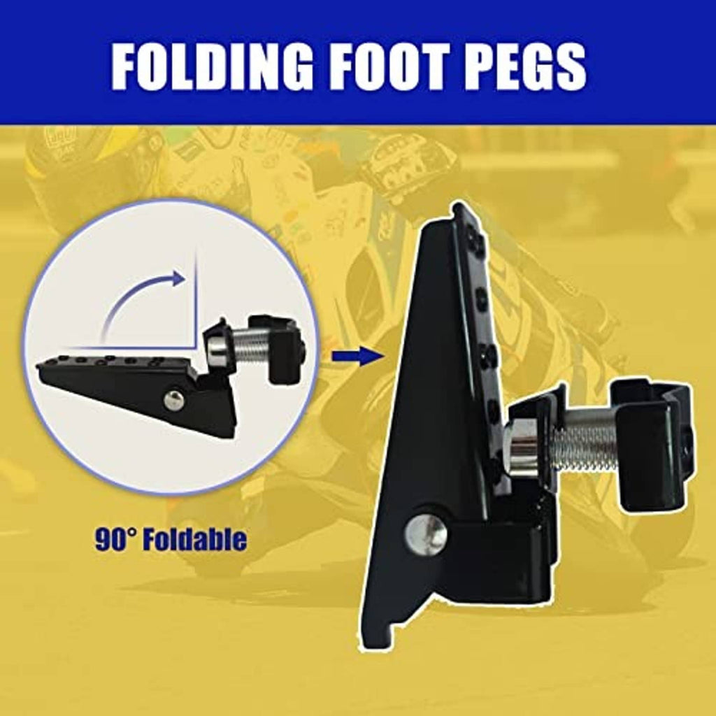 Folding motorcycle foot pegs showing 90-degree fold mechanism, black metal pedal and bracket