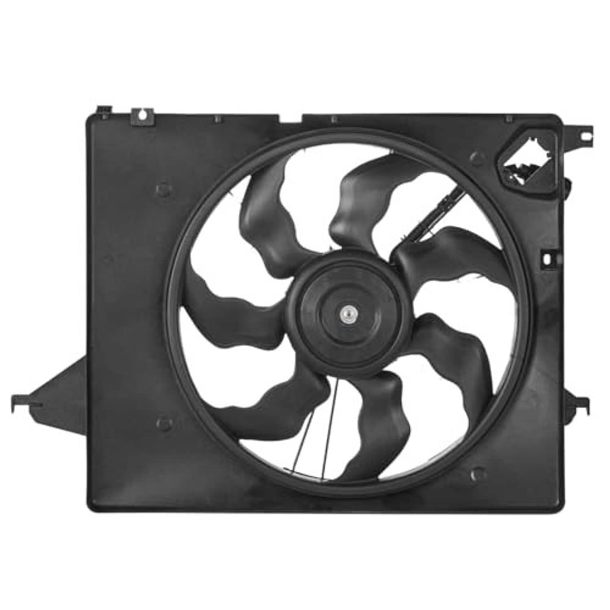 Electric radiator cooling fan with black housing, central motor hub, and blades