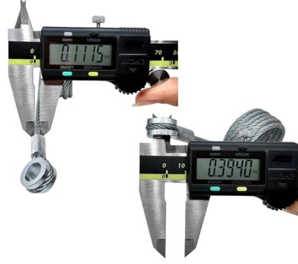 Braided steel hood restraint cable with ring eyelets, measured with digital calipers