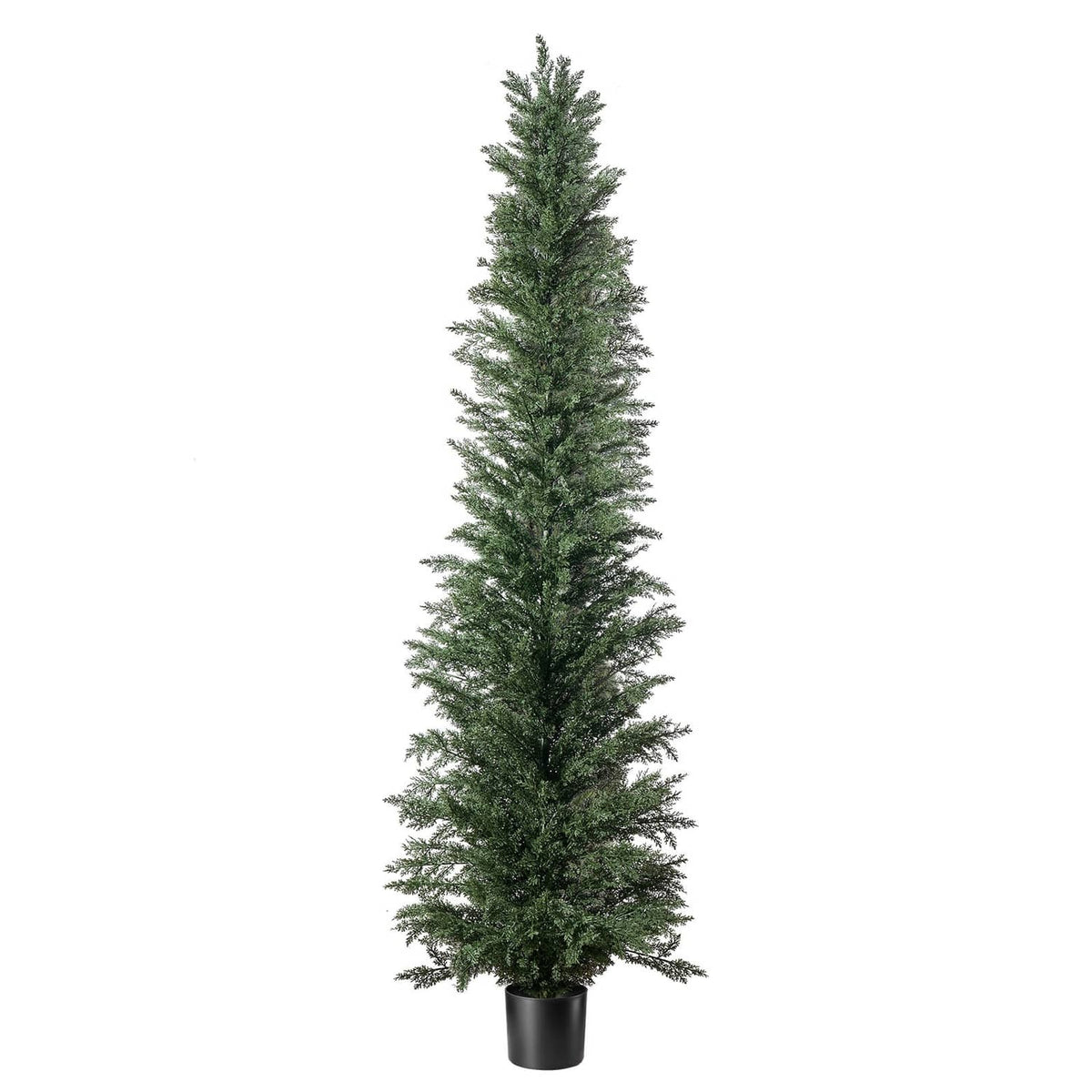 Single artificial cedar topiary tree in a dark pot with dense green needle-like branches