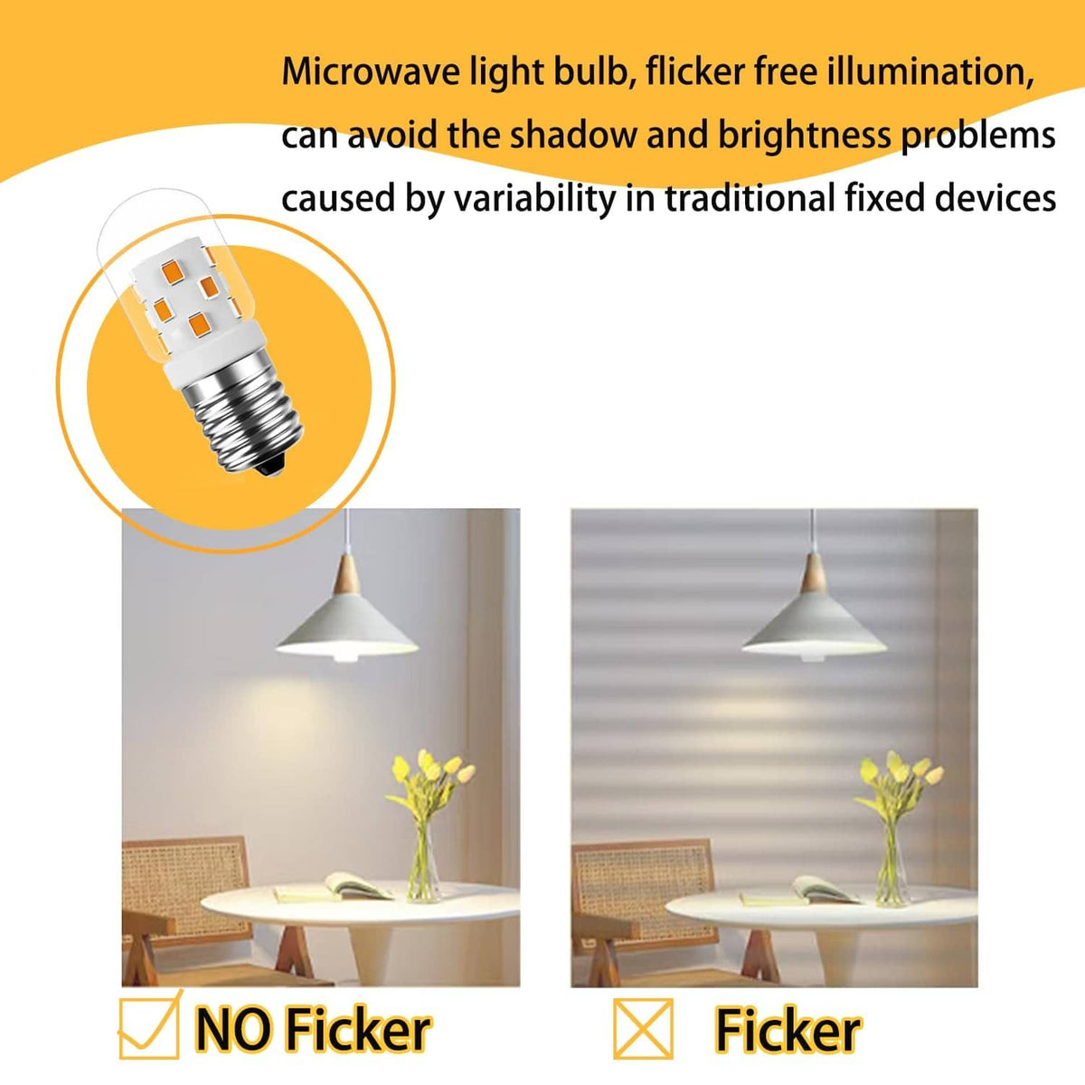 Warm white microwave light bulb with LED chips for no-flicker illumination