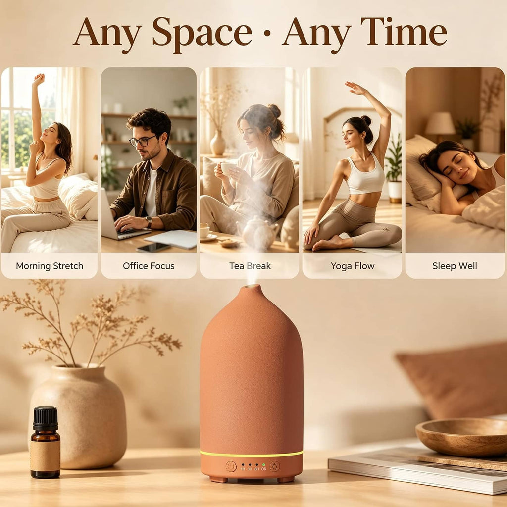 Gooamp ceramic essential oil diffuser, matte stone brown, with small essential oil bottle beside