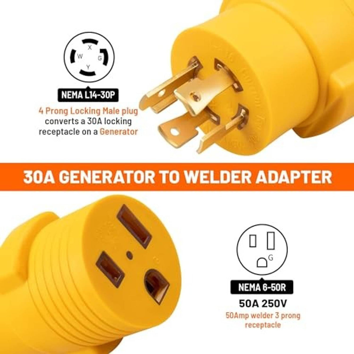 Yellow NEMA generator-to-welder adapter plug with locking prongs and angled blade pins