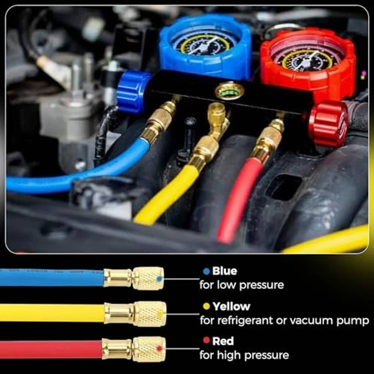 HVAC charging hose manifold with blue and red gauges and brass connectors on hoses
