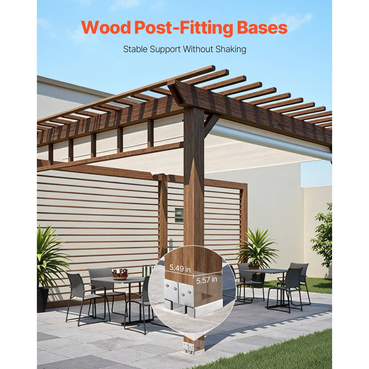 Steel post base bracket kit used to support wood posts under a pergola