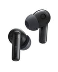 Black wireless earbuds, stem-style earbuds with silicone tips