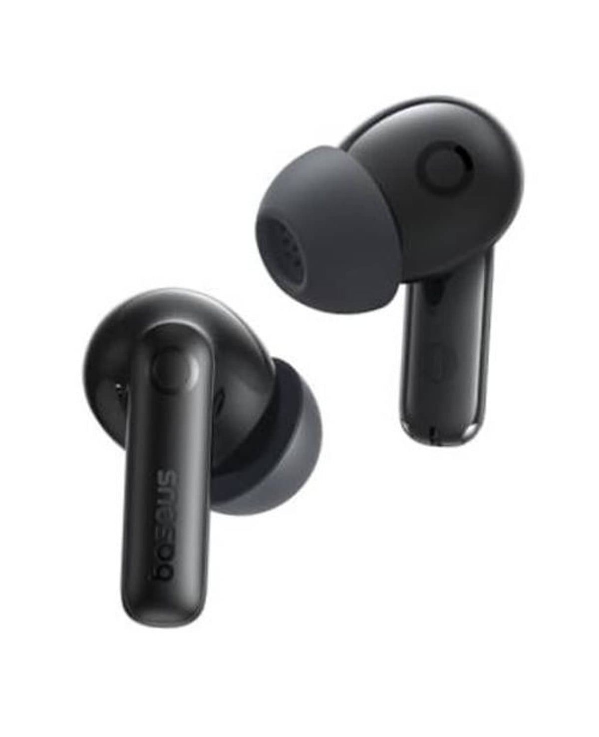 Black wireless earbuds, stem-style earbuds with silicone tips