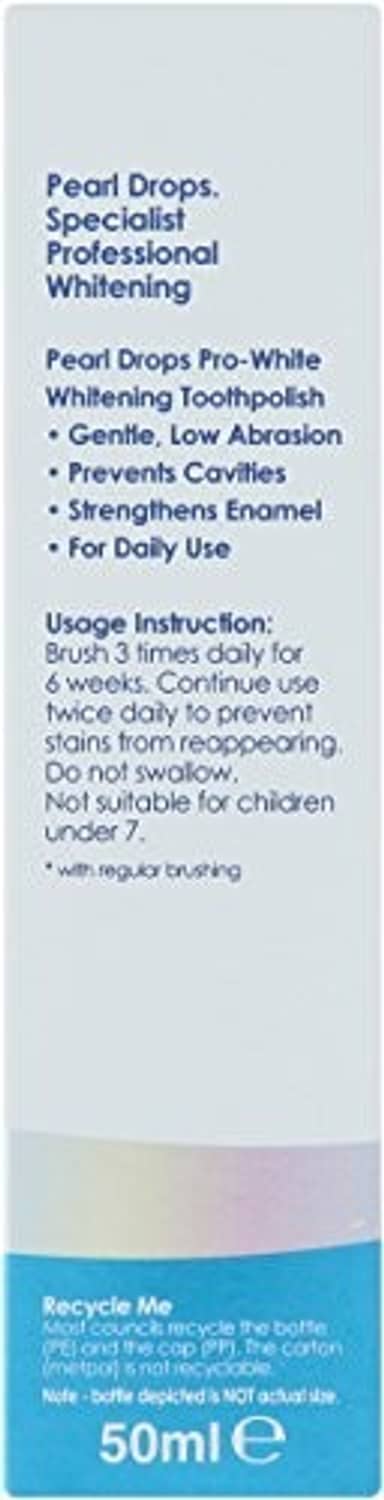 Pearl Drops pro-white tooth polish box back with usage instructions and recycle info