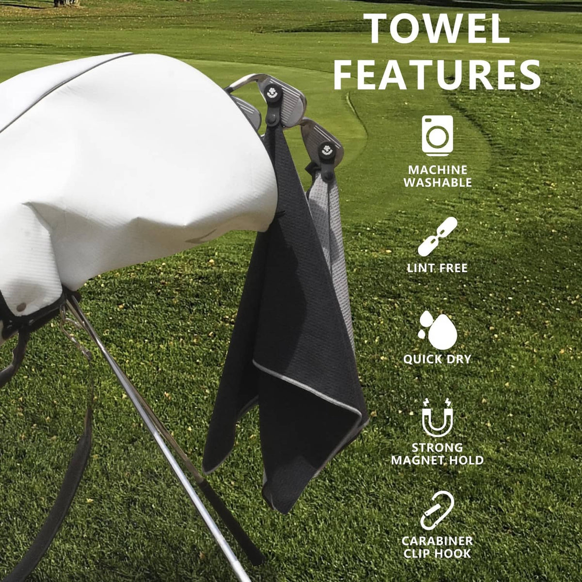 Black waffle-weave golf towel with strong magnet hold for quick cleaning