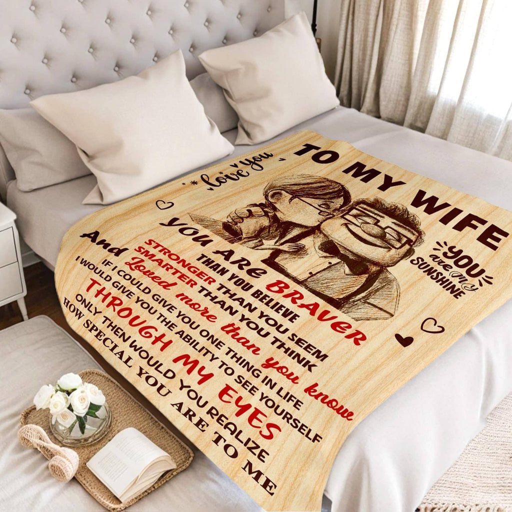 To My Wife throw blanket with printed couple portrait, hearts, and “You are braver” quote