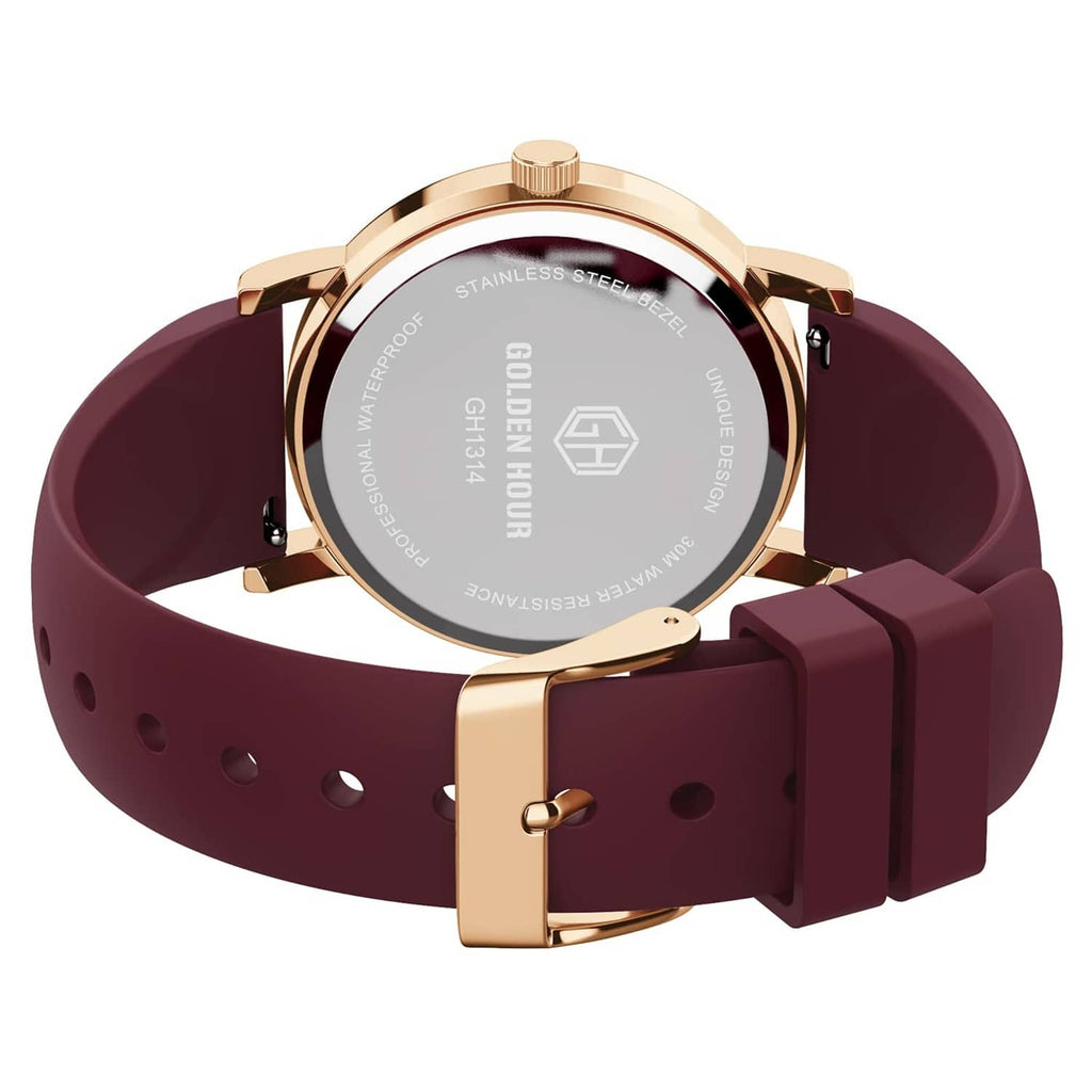 Nurse watch back with wine-red silicone strap and rose-gold clasp, circular case underside