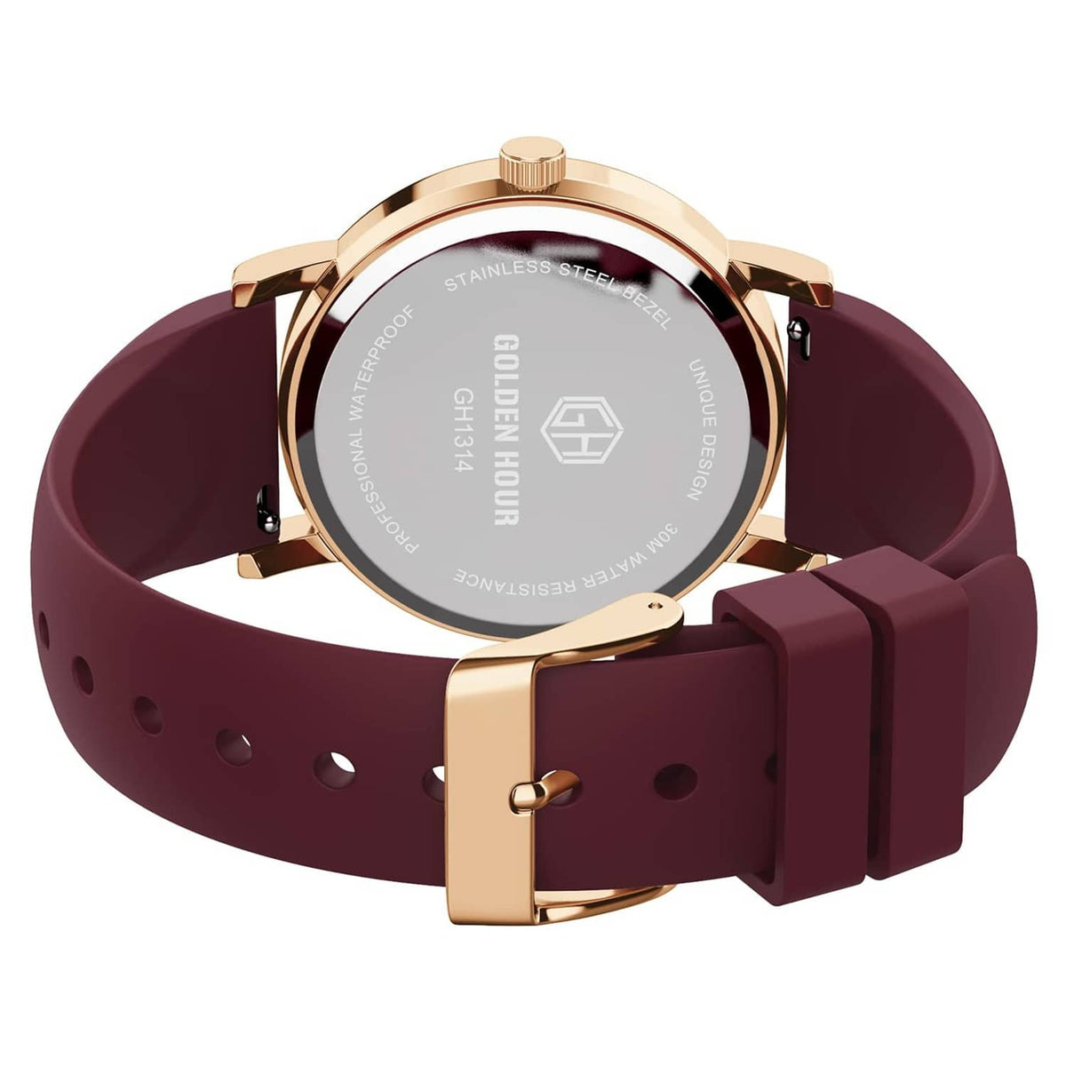 Nurse watch back with wine-red silicone strap and rose-gold clasp, circular case underside
