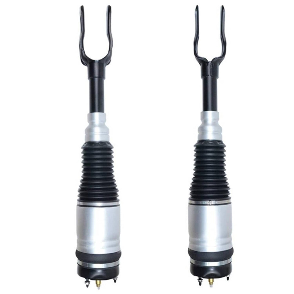 Pair of upright air suspension struts, silver cylinders with black lower bellows