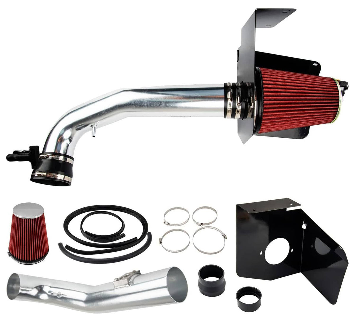 Cold air intake kit with heat shield, red cone filter and polished metal intake tube
