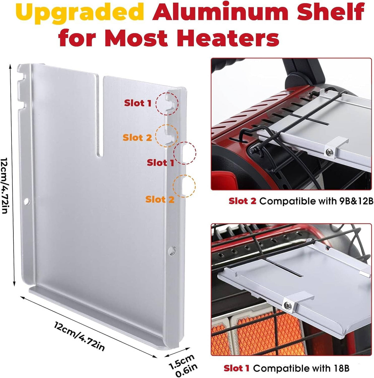 Gray aluminum bracket shelf with mounting slots and measurements