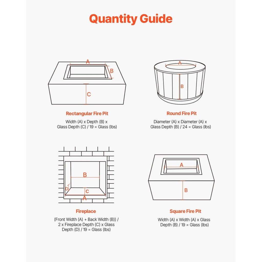 Quantity guide diagram showing how much glass fire pit rock fits different pit shapes