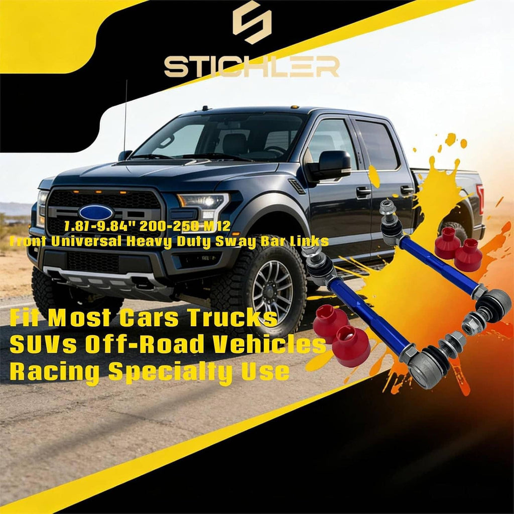 Blue heavy-duty sway bar end link with red bushings on promotional card