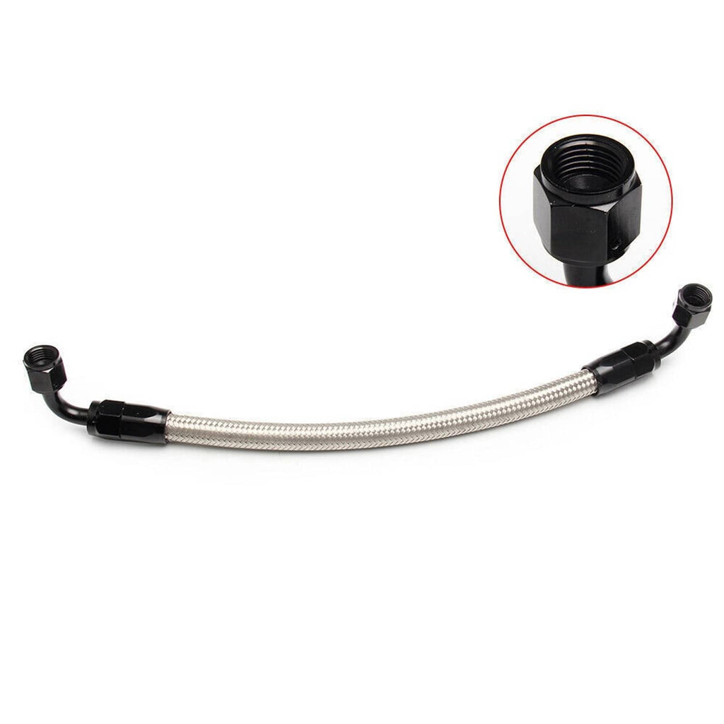 Stainless braided hose with black fittings and threaded cap, curved shape