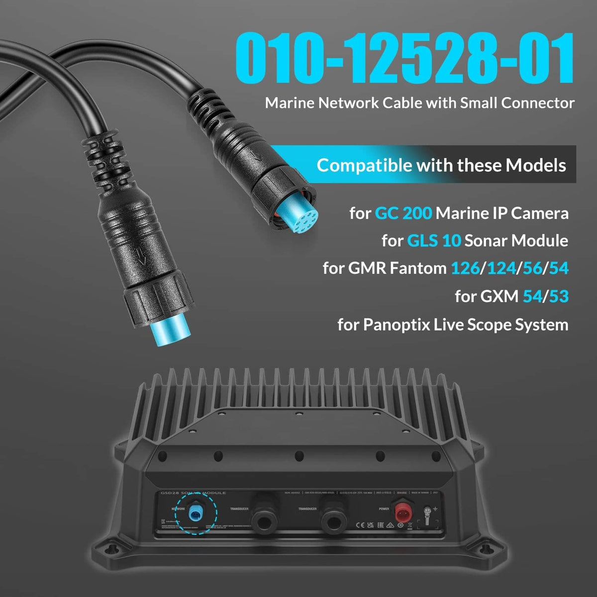 Coiled marine network cable with two small male connectors, black cable and blue ends